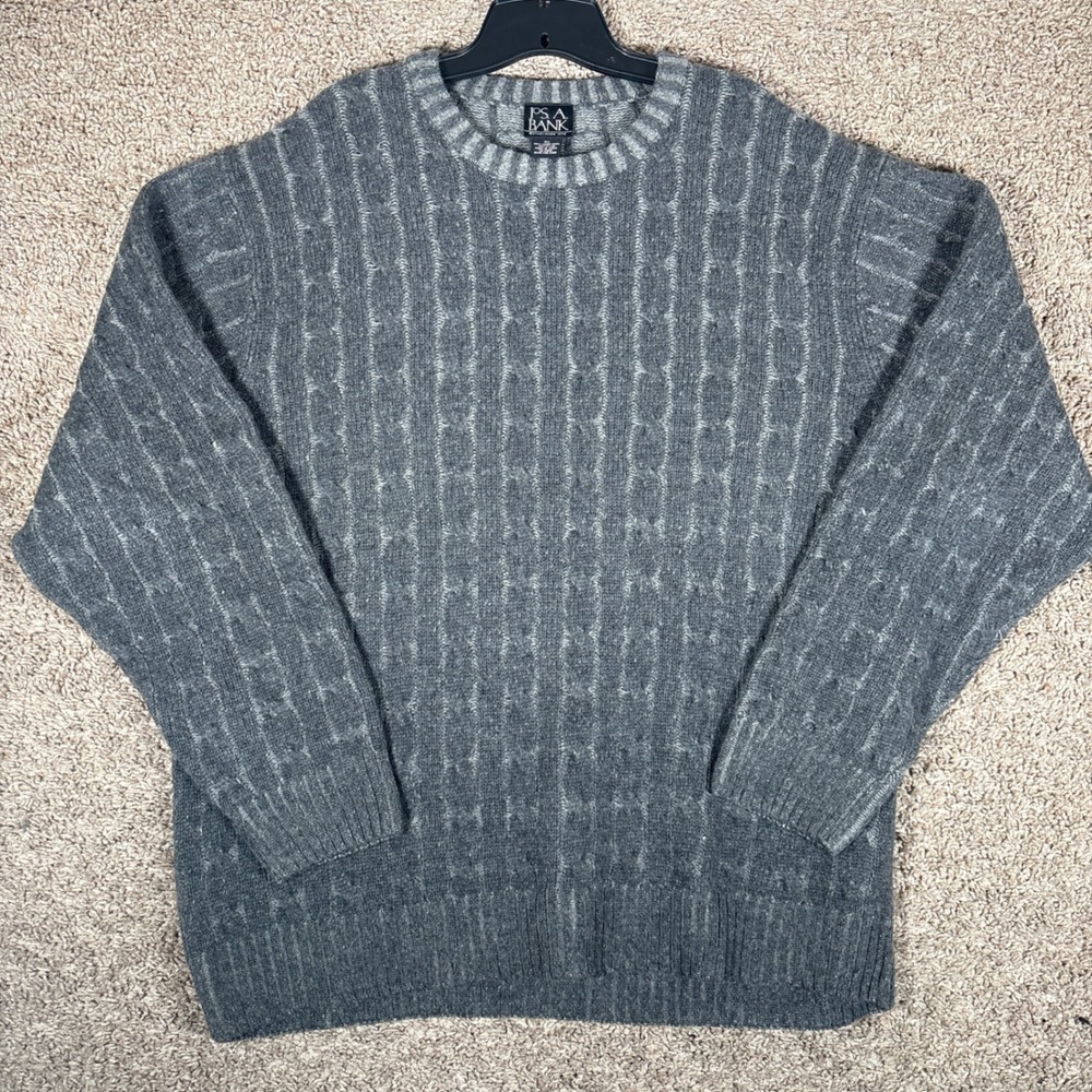 Jos A Bank Mens XL Grey Lambswool Blend Cable Knit Crewneck Pullover Sweater